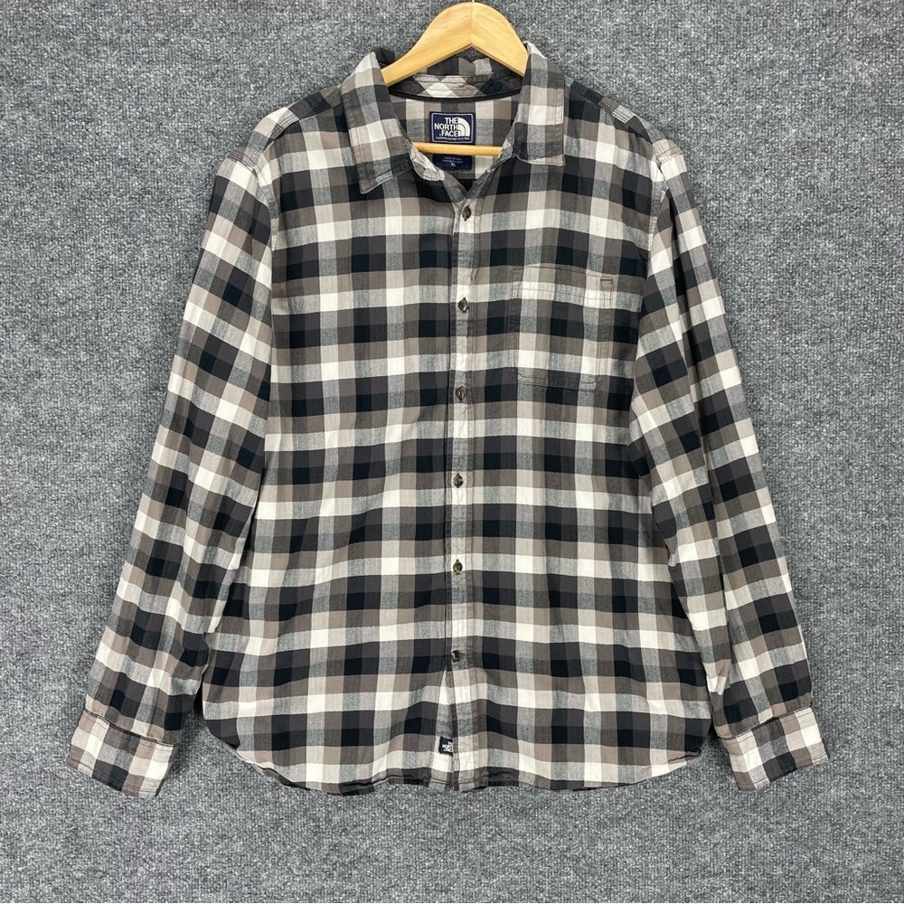The North Face Plaid Flannel Shirt Men’s XL Gray White Tweed Herringbone Cotton - Picture 2 of 9
